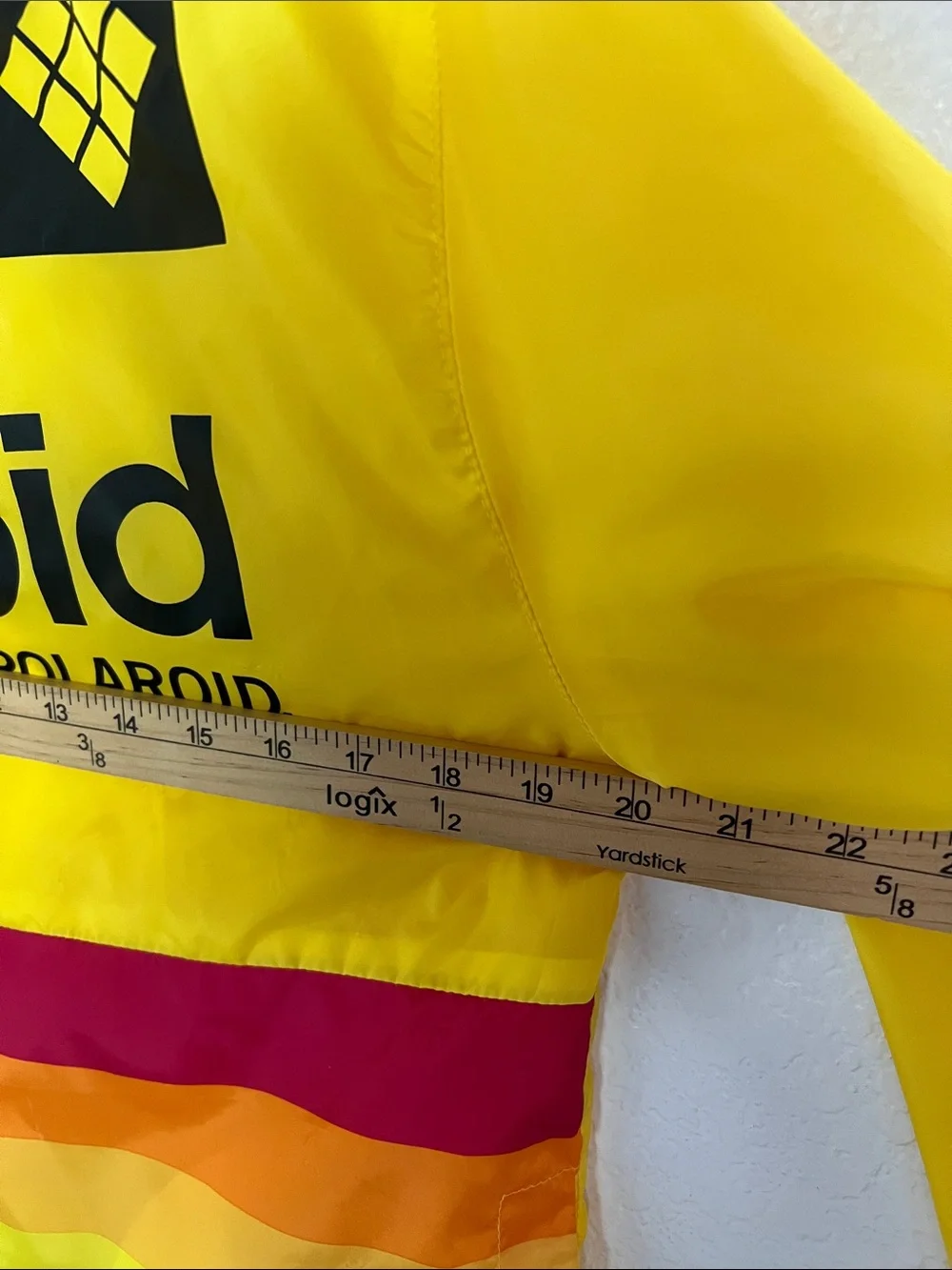 Polaroid Yellow Hooded Windbreaker with Rainbow Stripes size Large